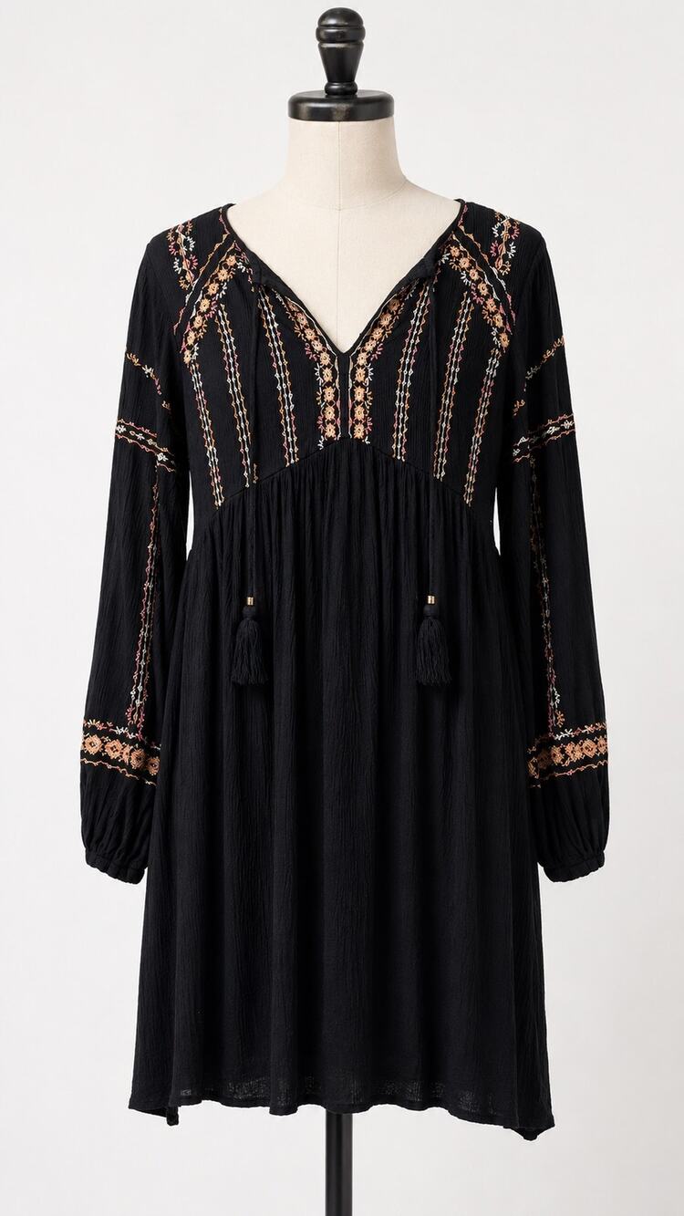 Knox Rose Small Black Embroidered Boho Babydoll Dress Dark Bohemian Knee Length
